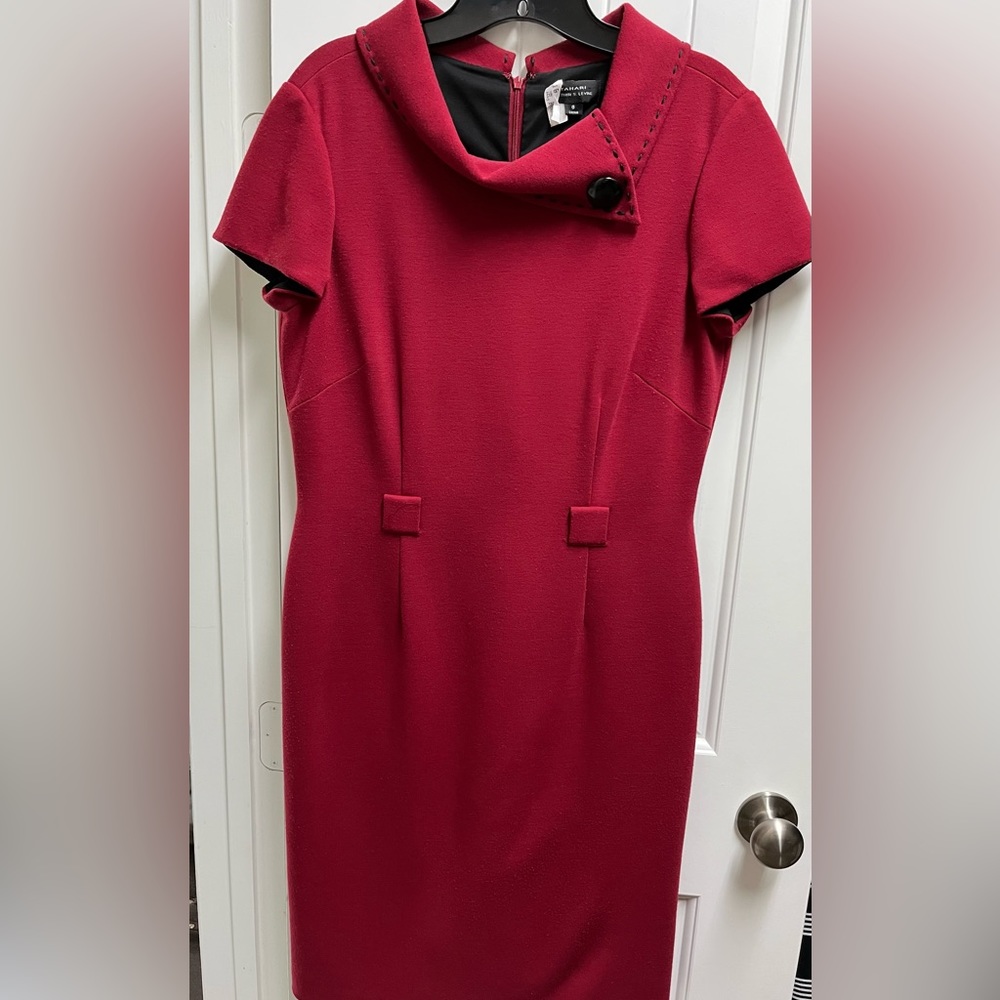 Tahari size 8 brick red with black stitching on the collar dress.